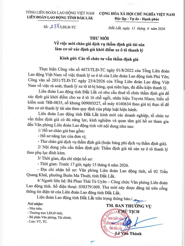 Thư mời về việc mời chào đấu giá dịch vụ thẩm định giá tài sản làm cơ sở xác định giá khởi điểm xe ô tô thanh lý