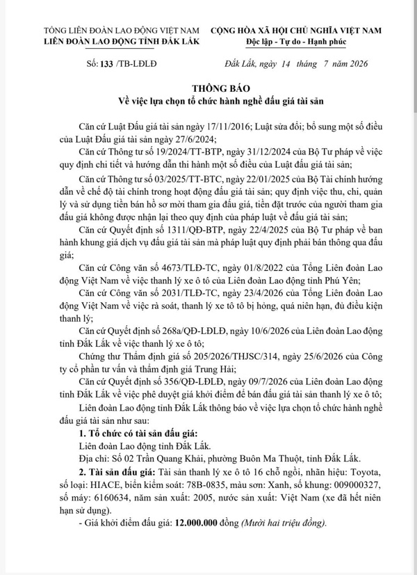 Thông báo về việc lựa chọn tổ chức hành nghề đấu giá tài  ( Chi tiết văn bản xem ở FIle đính kèm)