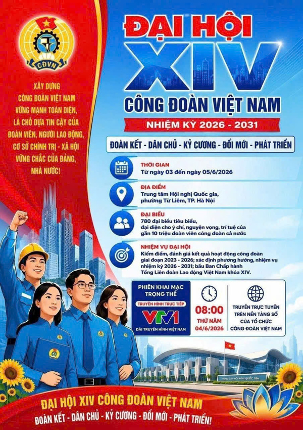 NHIỆT LIỆT CHÀO MỪNG ĐẠI HỘI XIV CÔNG ĐOÀN VIỆT NAM, NHIỆM KỲ 2026 - 2031